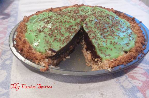 chocolate pistachio pie in coconut graham cracker pie shell