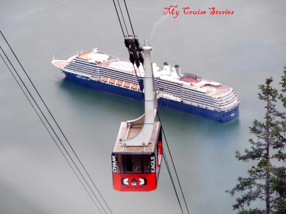 cruise ship anchored in Juneau and tram