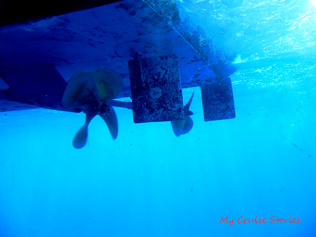 under a boat in the water