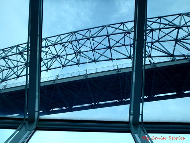 cruising under a bridge