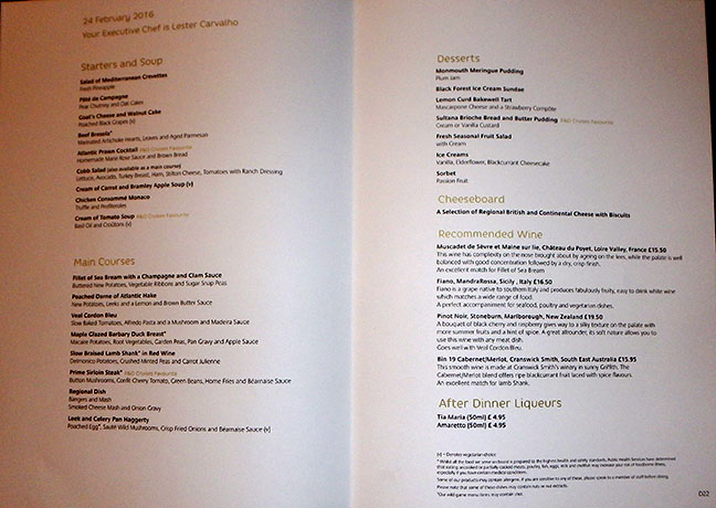 cruise ship dinner menu