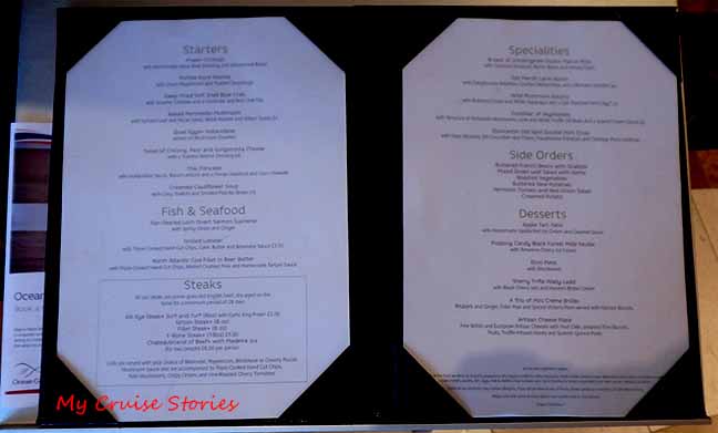 cruise ship premium menu