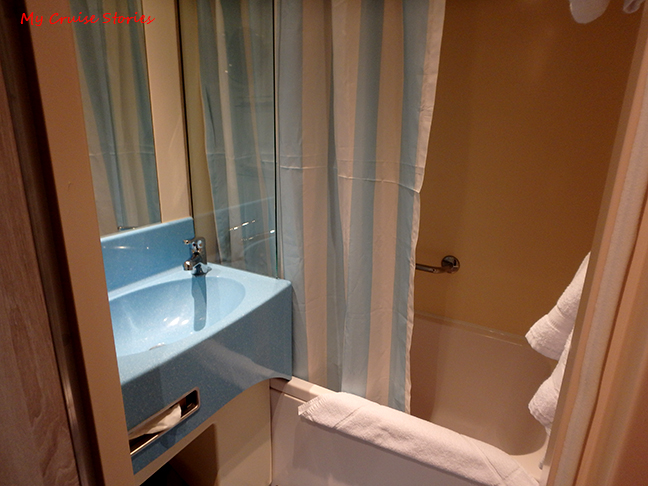 cruise ship cabin with 2 bathrooms