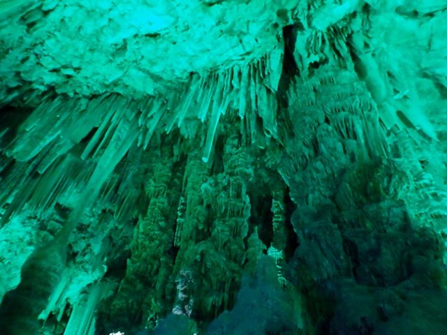 colored light on cave formations